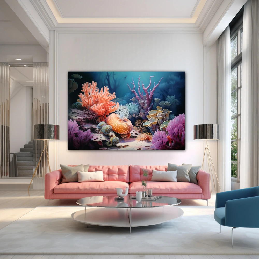 Wall Art titled: Marine Refuge in a Horizontal format with: Blue, Orange, and Violet Colors; Decoration the Above Couch wall