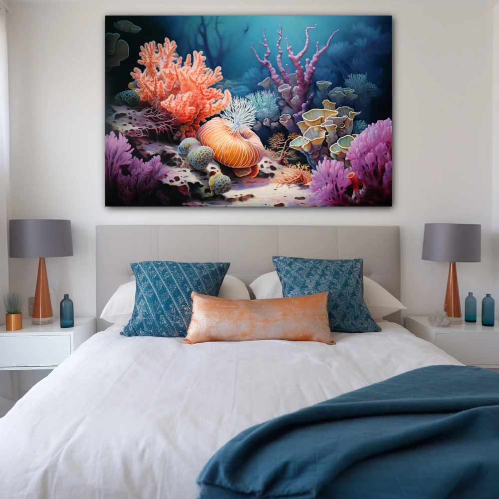 Cuadro refugio marino en formato horizontal con colores azul, naranja, violeta; decorando pared de habitación dormitorio