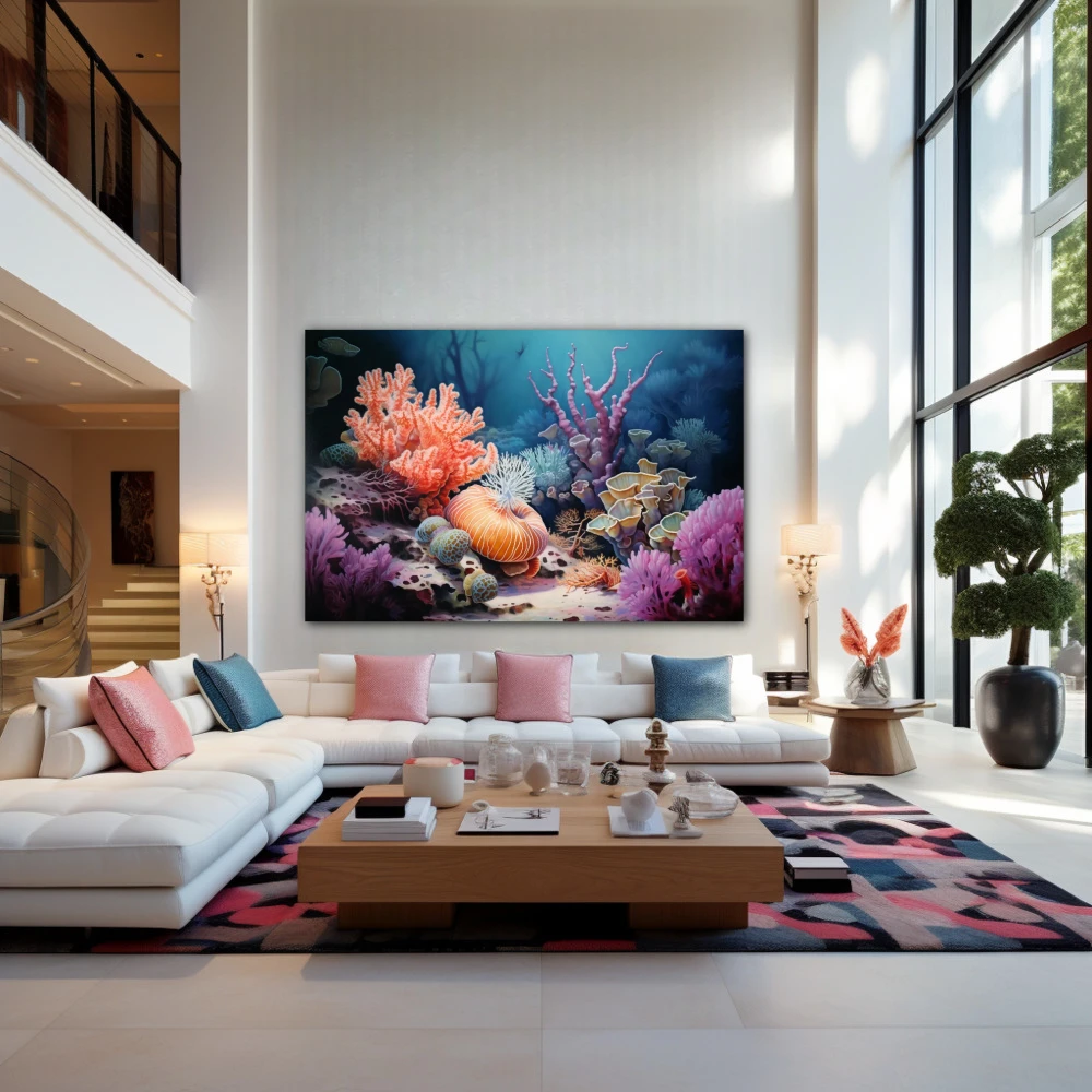 Wall Art titled: Marine Refuge in a Horizontal format with: Blue, Orange, and Violet Colors; Decoration the Living Room wall