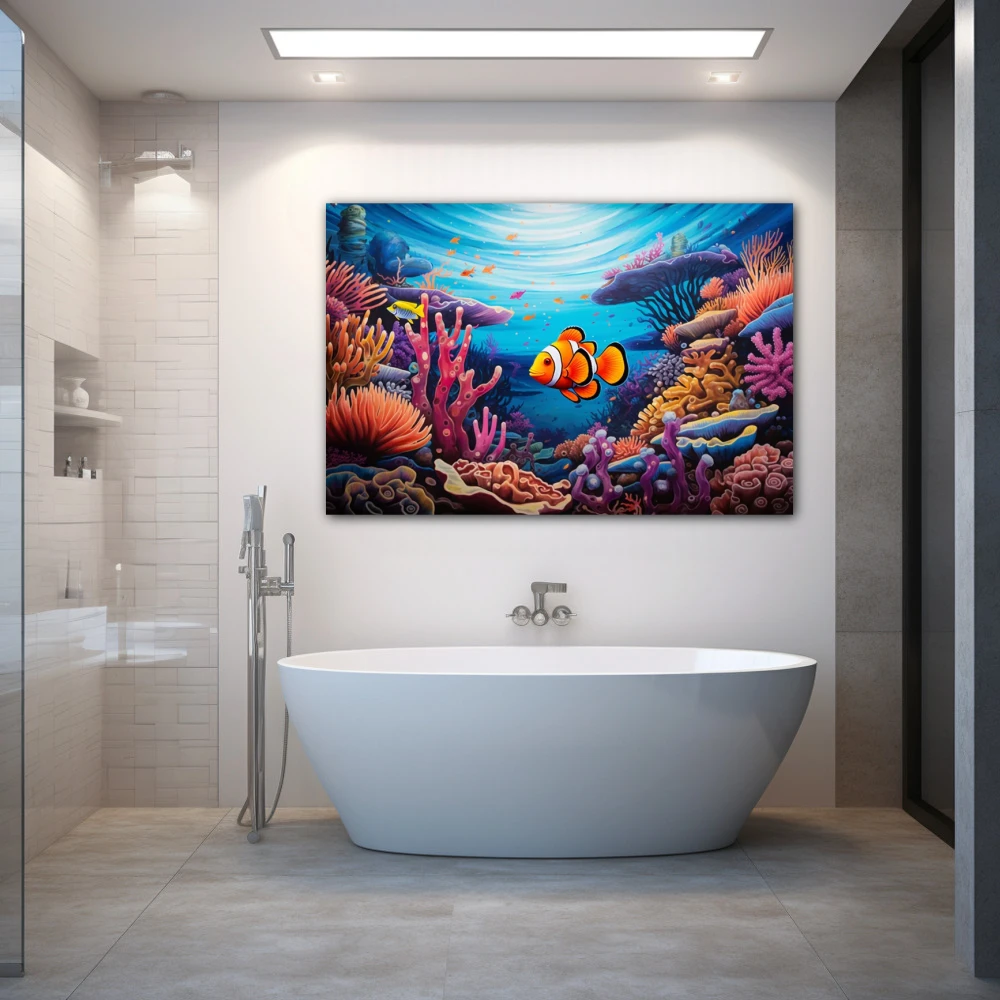 Wall Art titled: Reef of Life in a Horizontal format with: Blue, Sky blue, and Orange Colors; Decoration the Bathroom wall