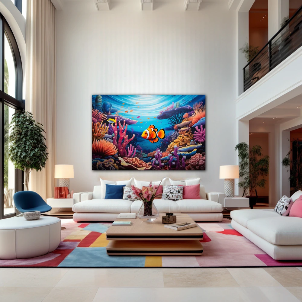 Wall Art titled: Reef of Life in a Horizontal format with: Blue, Sky blue, and Orange Colors; Decoration the Above Couch wall