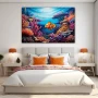 Wall Art titled: Reef of Life in a Horizontal format with: Blue, Sky blue, and Orange Colors; Decoration the Bedroom wall