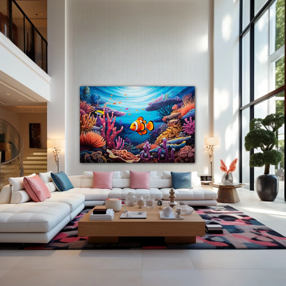Wall Art titled: Reef of Life in a Horizontal format with: Blue, Sky blue, and Orange Colors; Decoration the Living Room wall