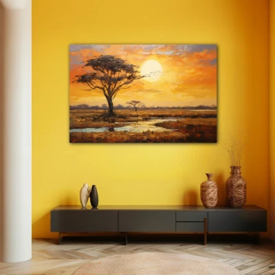 Wall Art titled: Sunset in the Savannah in a  format with: Yellow, Brown, and Orange Colors; Decoration the Yellow Walls wall