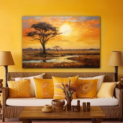 Wall Art titled: Sunset in the Savannah in a Horizontal format with: Yellow, Brown, and Orange Colors; Decoration the Yellow Walls wall