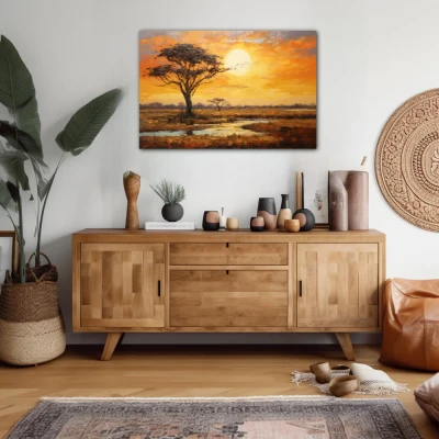 Wall Art titled: Sunset in the Savannah in a Horizontal format with: Yellow, Brown, and Orange Colors; Decoration the Sideboard wall