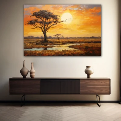 Wall Art titled: Sunset in the Savannah in a  format with: Yellow, Brown, and Orange Colors; Decoration the Sideboard wall