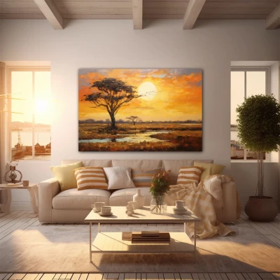 Wall Art titled: Sunset in the Savannah in a Horizontal format with: Yellow, Brown, and Orange Colors; Decoration the Apartamento en la playa wall