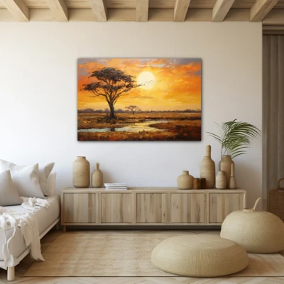 Wall Art titled: Sunset in the Savannah in a Horizontal format with: Yellow, Brown, and Orange Colors; Decoration the Beige Wall wall