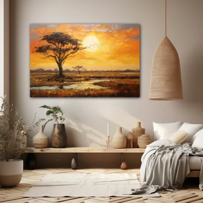 Wall Art titled: Sunset in the Savannah in a Horizontal format with: Yellow, Brown, and Orange Colors; Decoration the Beige Wall wall