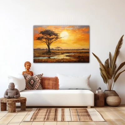 Wall Art titled: Sunset in the Savannah in a Horizontal format with: Yellow, Brown, and Orange Colors; Decoration the White Wall wall