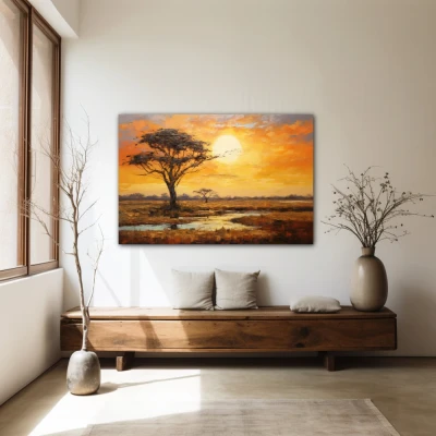 Wall Art titled: Sunset in the Savannah in a Horizontal format with: Yellow, Brown, and Orange Colors; Decoration the White Wall wall