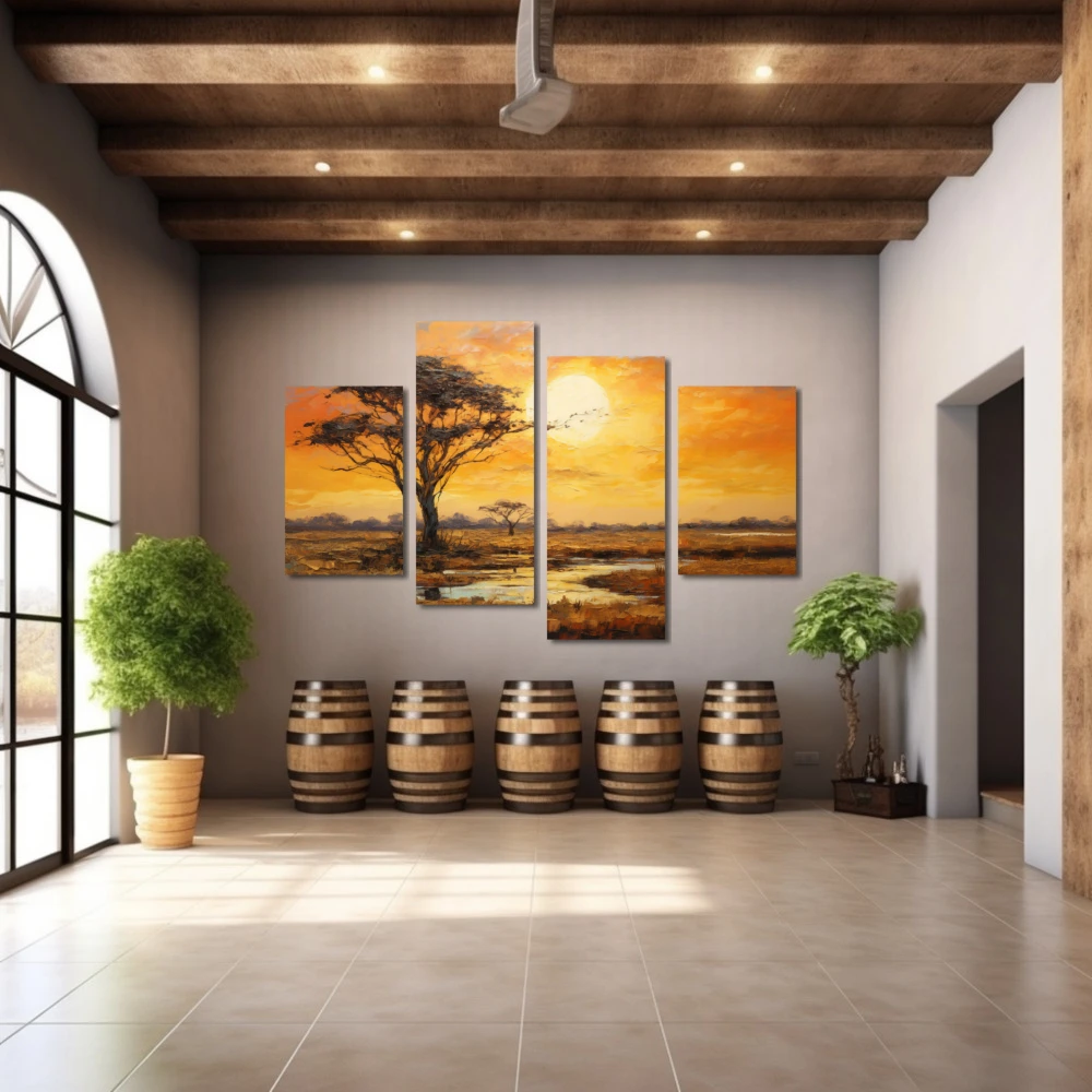 Wall Art titled: Sunset in the Savannah in a Horizontal format with: Yellow, Brown, and Orange Colors; Decoration the Winery wall
