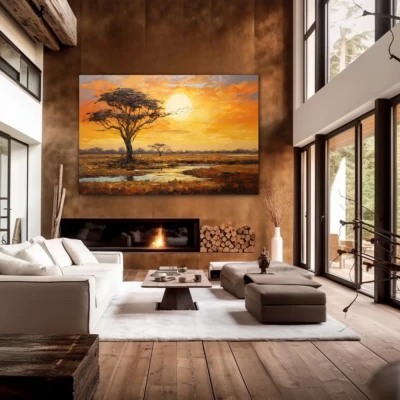 Wall Art titled: Sunset in the Savannah in a  format with: Yellow, Brown, and Orange Colors; Decoration the Fireplace wall