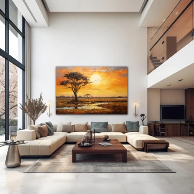 Wall Art titled: Sunset in the Savannah in a  format with: Yellow, Brown, and Orange Colors; Decoration the Above Couch wall