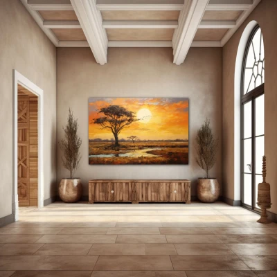 Wall Art titled: Sunset in the Savannah in a Horizontal format with: Yellow, Brown, and Orange Colors; Decoration the Entryway wall