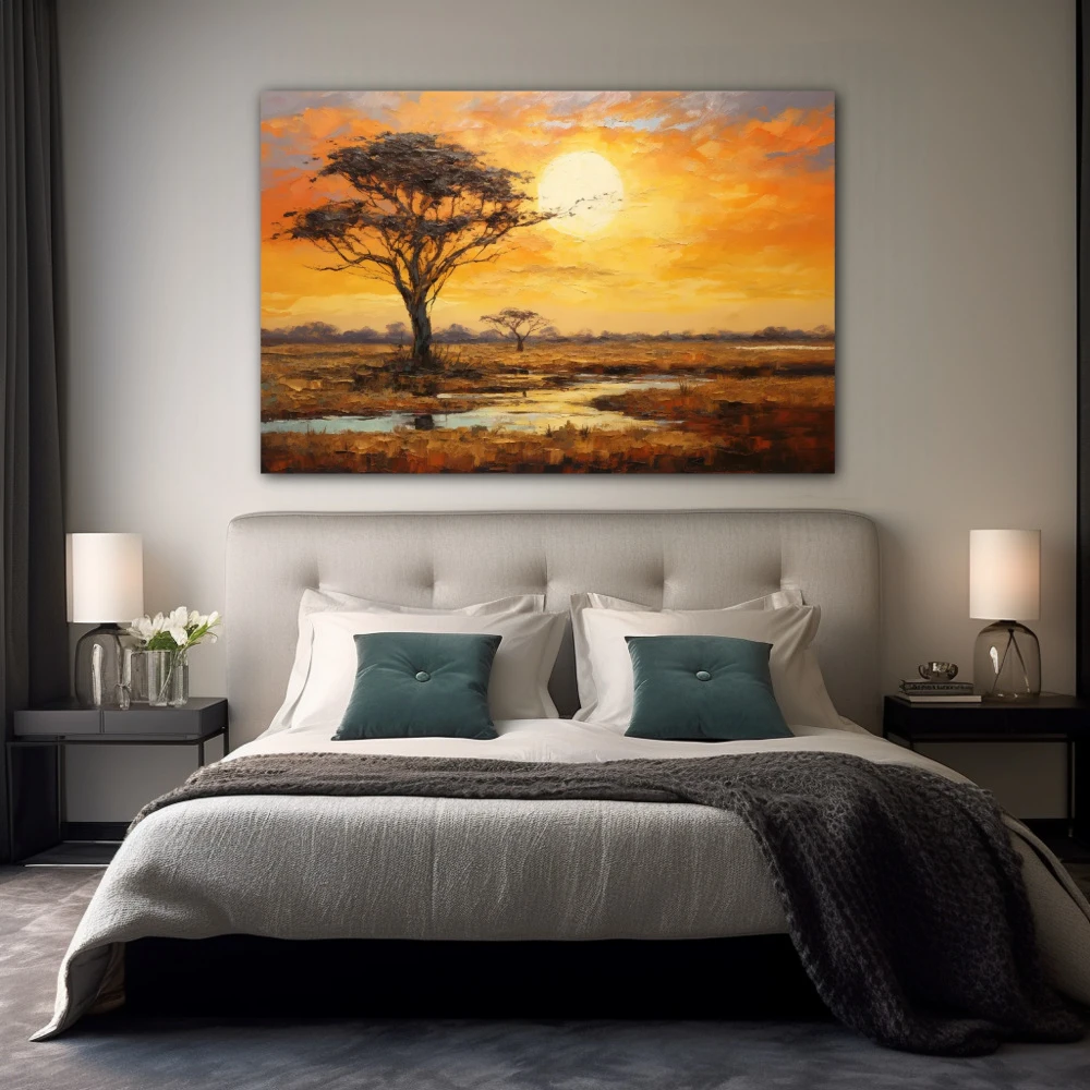 Cuadro atardecer en la sabana en formato horizontal con colores amarillo, marrón, naranja; decorando pared de habitación dormitorio