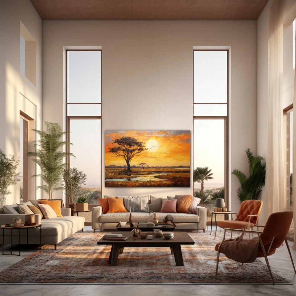 Wall Art titled: Sunset in the Savannah in a Horizontal format with: Yellow, Brown, and Orange Colors; Decoration the Living Room wall