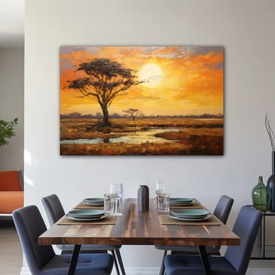 Wall Art titled: Sunset in the Savannah in a  format with: Yellow, Brown, and Orange Colors; Decoration the Living Room wall