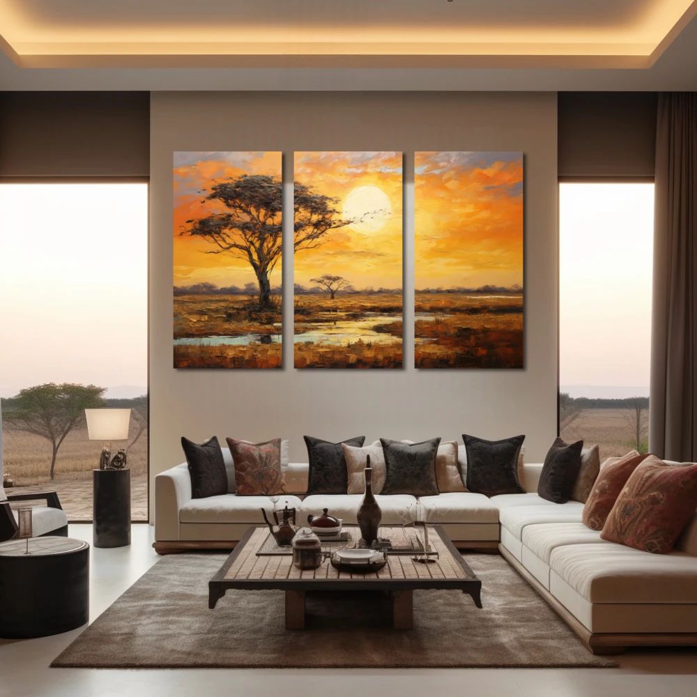 Wall Art titled: Sunset in the Savannah in a Horizontal format with: Yellow, Brown, and Orange Colors; Decoration the Living Room wall