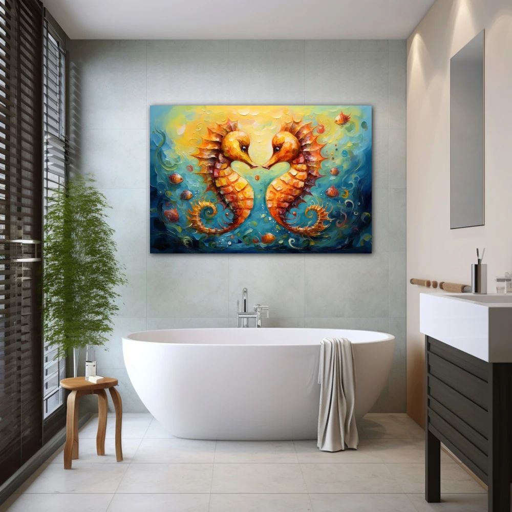 Cuadro susurros coralinos entrelazados en formato horizontal con colores naranja; decorando pared de baño