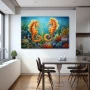 Wall Art titled: Dancers of the Reef in a Horizontal format with: Blue, Orange, Green, and Vivid Colors; Decoration the Kitchen wall