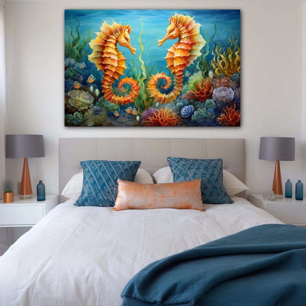 Cuadro danzarines del arrecife en formato horizontal con colores azul, naranja, verde, vivos; decorando pared de habitación dormitorio