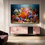 Wall Art titled: Ocean Fantasy in a Horizontal format with: Blue, Orange, Pink, and Vivid Colors; Decoration the Sideboard wall