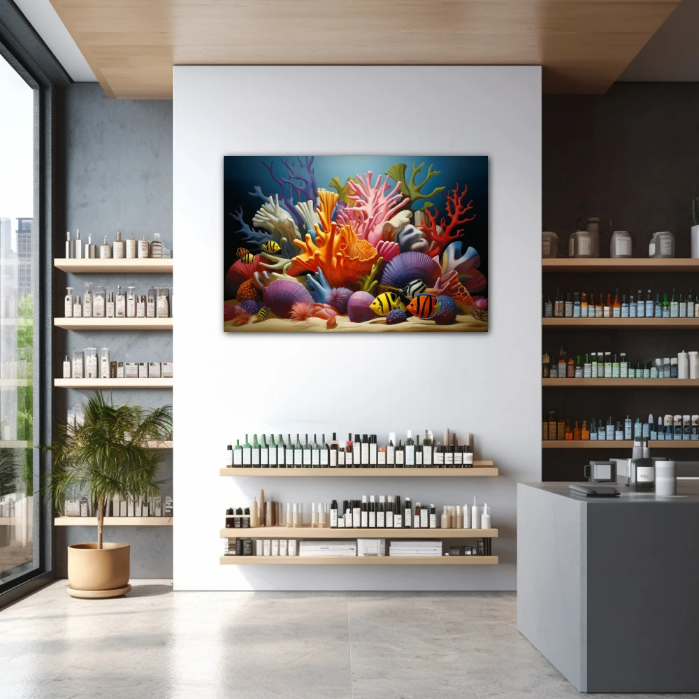 Cuadro fantasía del océano en formato horizontal con colores azul, naranja, rosa, vivos; decorando pared de farmacia