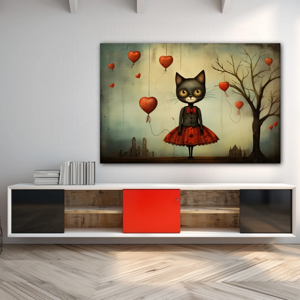 Wall Art titled: Whiskers in Wonderland in a Horizontal format with: Grey, and Red Colors; Decoration the Sideboard wall