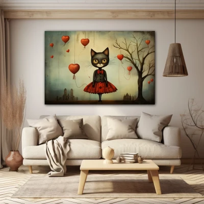 Wall Art titled: Whiskers in Wonderland in a  format with: Grey, and Red Colors; Decoration the Beige Wall wall