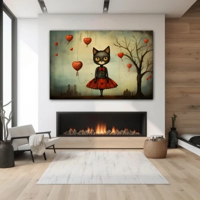 Wall Art titled: Whiskers in Wonderland in a  format with: Grey, and Red Colors; Decoration the Fireplace wall