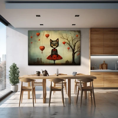 Wall Art titled: Whiskers in Wonderland in a  format with: Grey, and Red Colors; Decoration the Kitchen wall