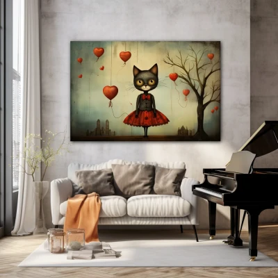 Wall Art titled: Whiskers in Wonderland in a  format with: Grey, and Red Colors; Decoration the Living Room wall