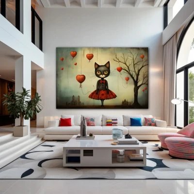 Wall Art titled: Whiskers in Wonderland in a Horizontal format with: Grey, and Red Colors; Decoration the Living Room wall