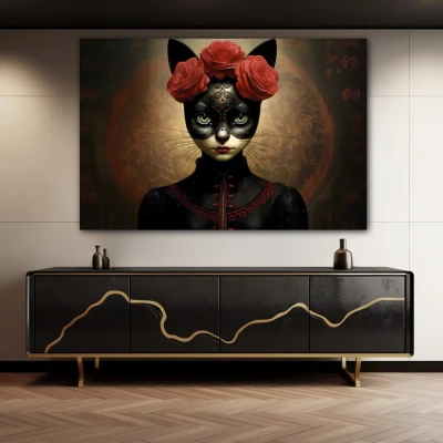 Wall Art titled: Floral Feline Mystique in a  format with: Black, and Red Colors; Decoration the Sideboard wall
