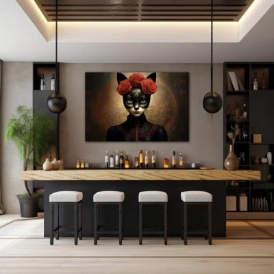 Wall Art titled: Floral Feline Mystique in a Horizontal format with: Black, and Red Colors; Decoration the Bar wall