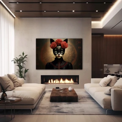 Wall Art titled: Floral Feline Mystique in a  format with: Black, and Red Colors; Decoration the Fireplace wall