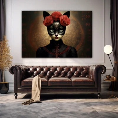Wall Art titled: Floral Feline Mystique in a  format with: Black, and Red Colors; Decoration the Above Couch wall
