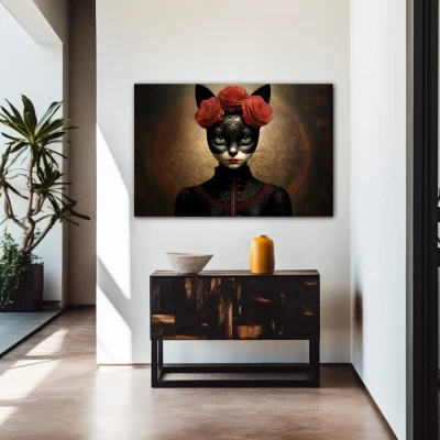 Wall Art titled: Floral Feline Mystique in a Horizontal format with: Black, and Red Colors; Decoration the Entryway wall