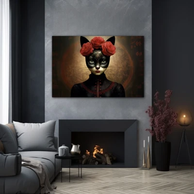 Wall Art titled: Floral Feline Mystique in a Horizontal format with: Black, and Red Colors; Decoration the Grey Walls wall