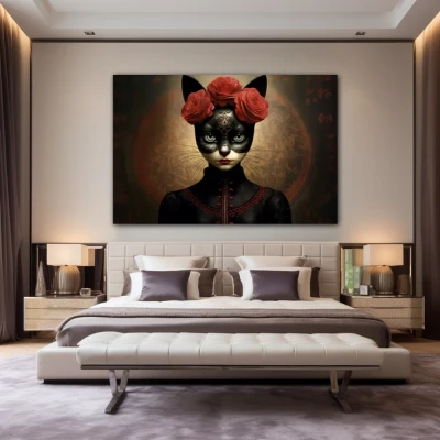 Cuadro Floral Feline Mystique en formato horizontal con colores Negro, Rojo; Decorando pared de Habitación dormitorio