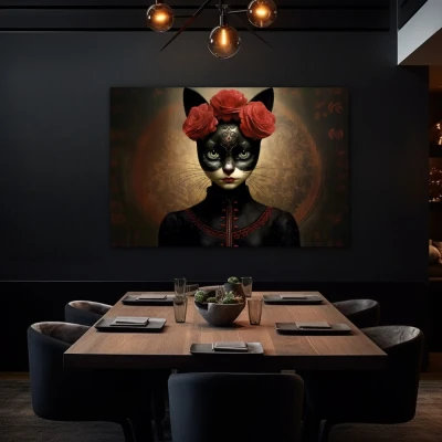 Wall Art titled: Floral Feline Mystique in a  format with: Black, and Red Colors; Decoration the Black Walls wall