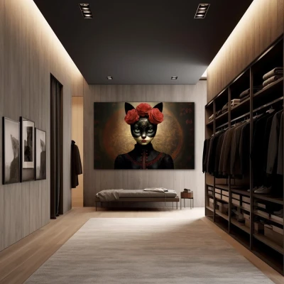 Wall Art titled: Floral Feline Mystique in a  format with: Black, and Red Colors; Decoration the Dressing Room wall