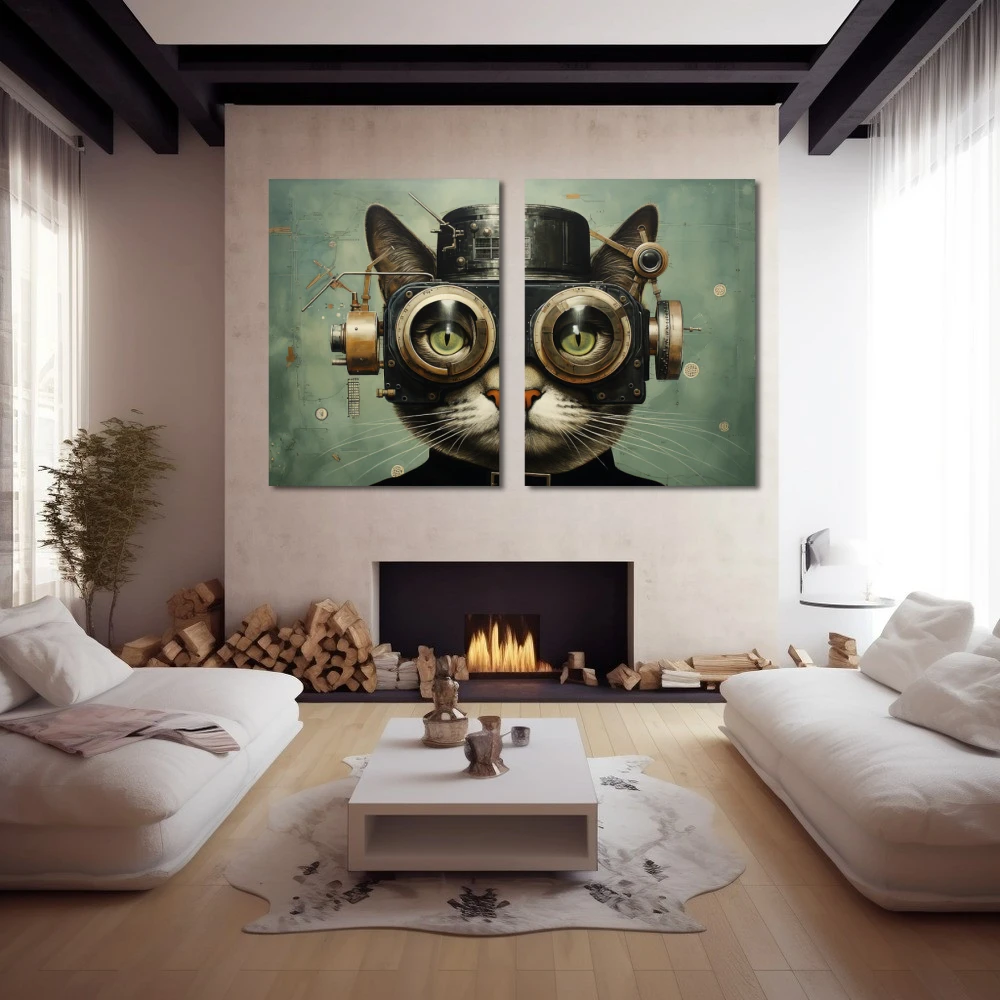Wall Art titled: Explorer of Hidden Worlds in a Horizontal format with: Grey, and Green Colors; Decoration the Fireplace wall