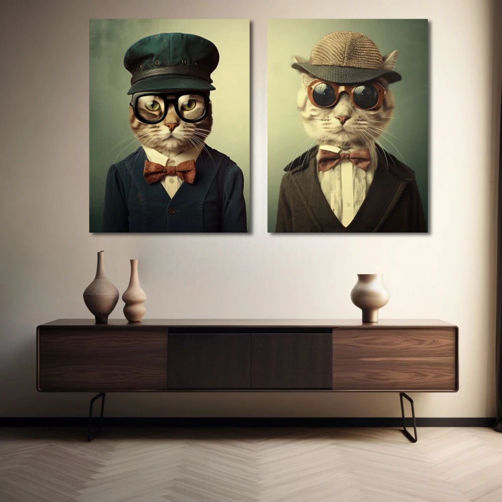 Wall Art titled: Reflections of Feline Sophistication in a Horizontal format with: Brown, and Green Colors; Decoration the Sideboard wall