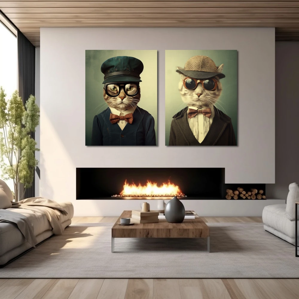 Wall Art titled: Reflections of Feline Sophistication in a Horizontal format with: Brown, and Green Colors; Decoration the Fireplace wall