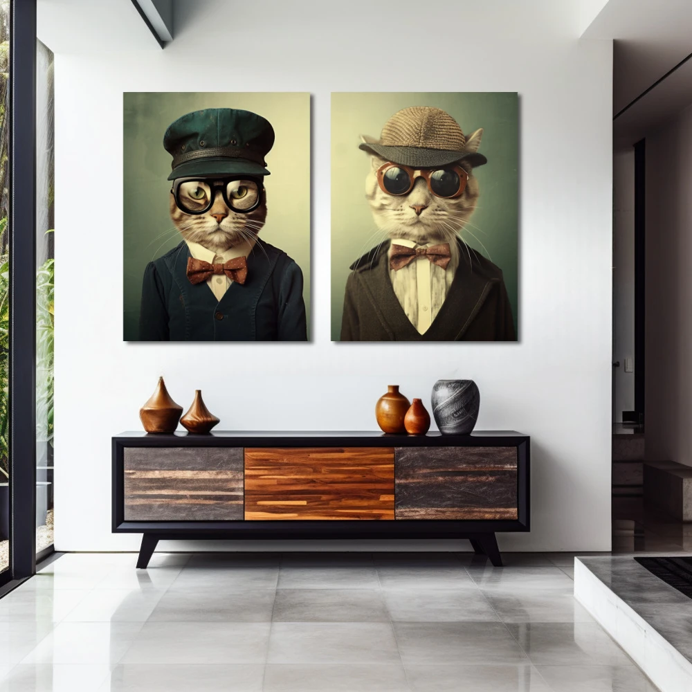 Wall Art titled: Reflections of Feline Sophistication in a Horizontal format with: Brown, and Green Colors; Decoration the Entryway wall