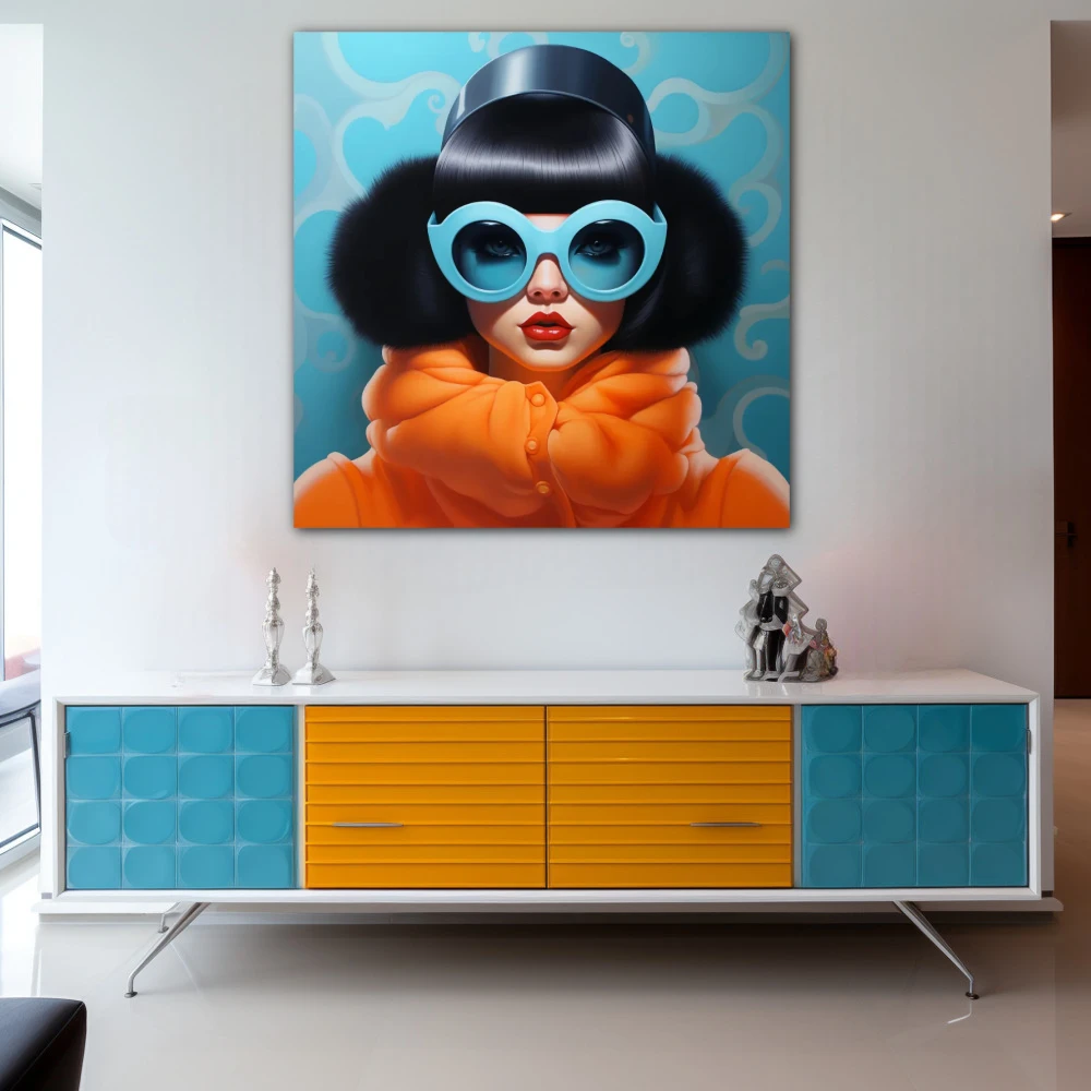 Wall Art titled: Bubbles of Modern Elegance in a Square format with: Sky blue, Orange, and Black Colors; Decoration the Sideboard wall