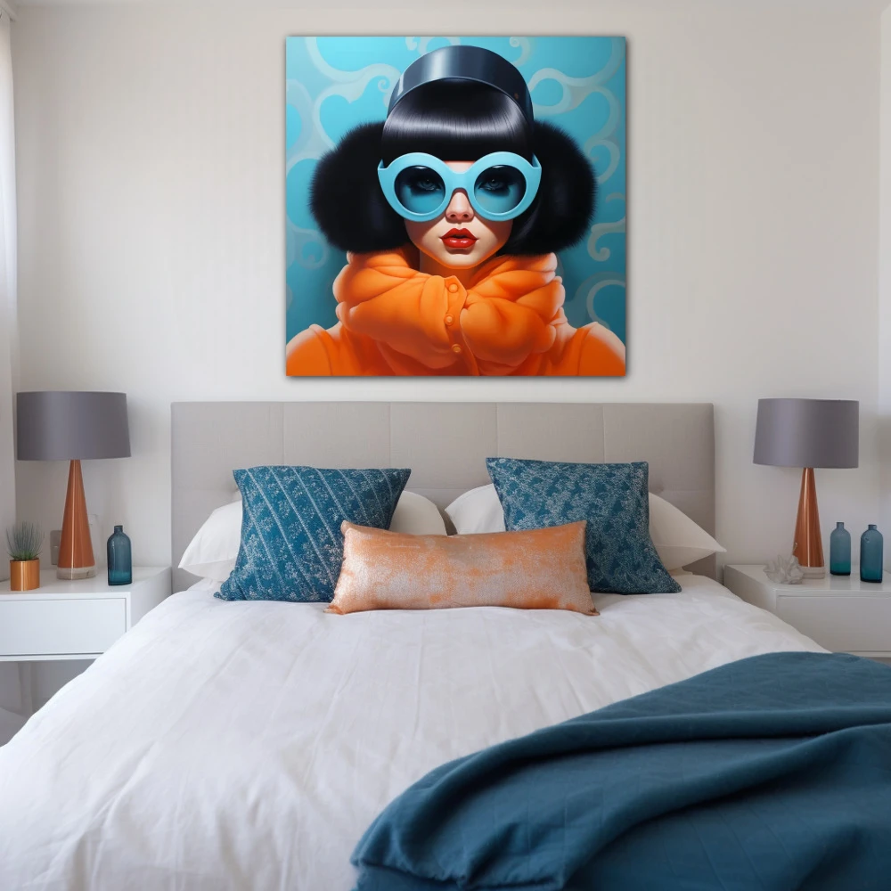 Cuadro burbujas de elegancia moderna en formato cuadrado con colores celeste, naranja, negro; decorando pared de habitación dormitorio